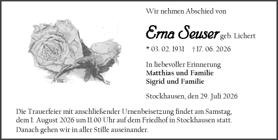 Traueranzeige von Erna Seuser von Wetzlarer Neue Zeitung