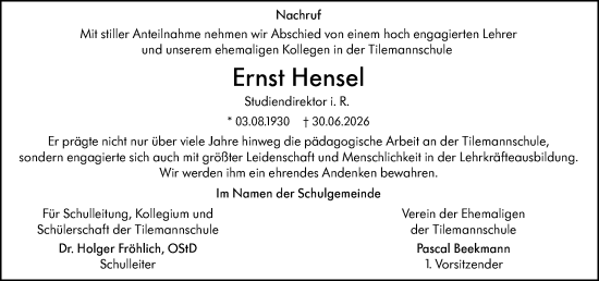 Traueranzeige von Ernst Hensel von Nassauische Neue Presse