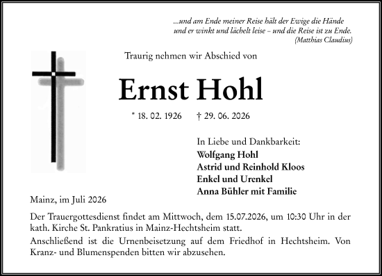 Traueranzeige von Ernst Hohl von Allgemeine Zeitung Mainz