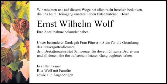 Traueranzeige von Ernst Wilhelm Wolf von Allgemeine Zeitung Mainz