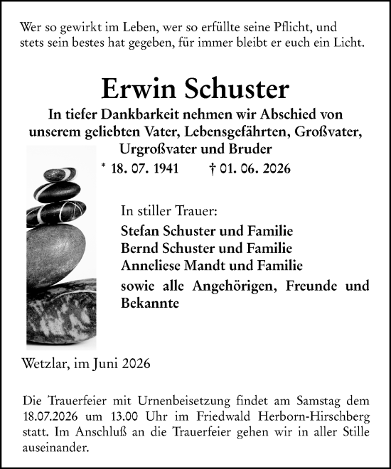 Traueranzeige von Erwin Schuster von Wetzlarer Neue Zeitung