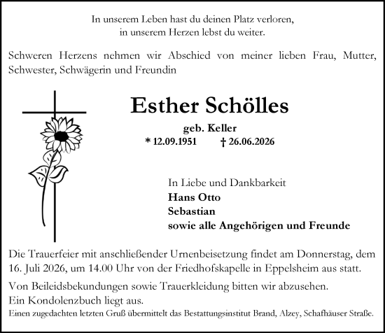 Traueranzeige von Esther Schölles von Allgemeine Zeitung Alzey