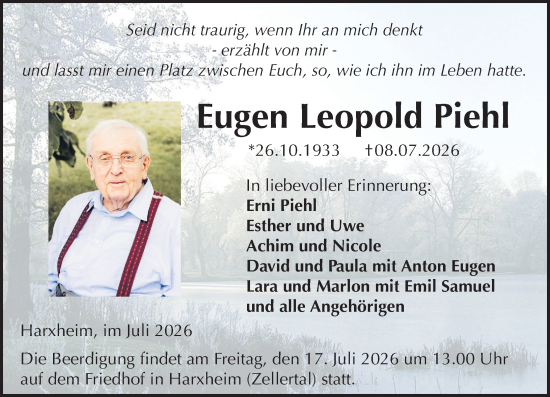 Traueranzeige von Eugen Leopold Piehl von Wormser Zeitung