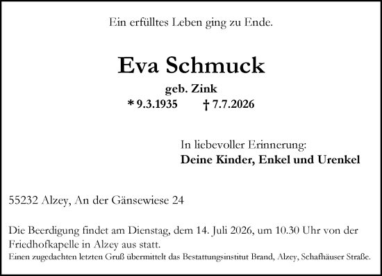 Traueranzeige von Eva Schmuck von Allgemeine Zeitung Alzey