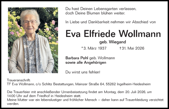 Traueranzeige von Eva Elfriede Wollmann von Allgemeine Zeitung Mainz