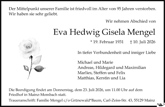 Traueranzeige von Eva Hedwig Gisela Mengel von Allgemeine Zeitung Mainz
