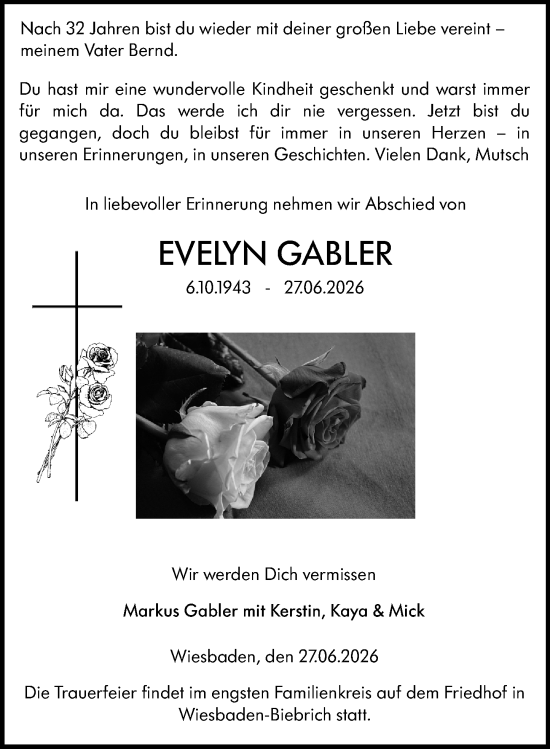 Traueranzeige von Evelyn Gabler von Wiesbadener Kurier