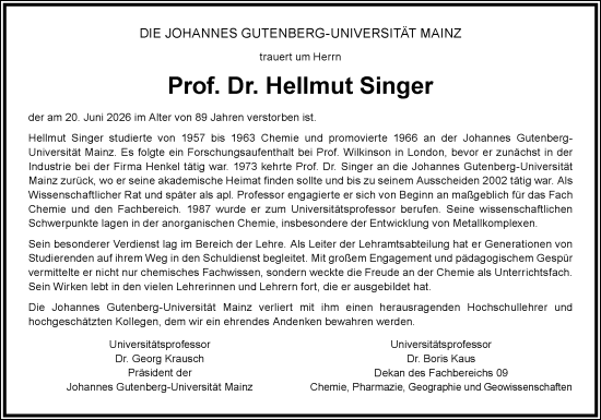 Traueranzeige von Hellmut Singer von Allgemeine Zeitung Mainz