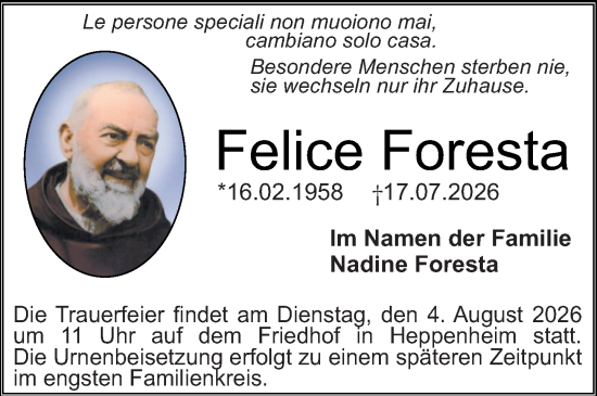 Traueranzeige von Felice Foresta von Starkenburger Echo