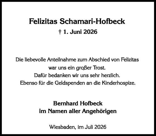 Traueranzeige von Felizitas Schamari-Hofbeck von Wiesbadener Kurier