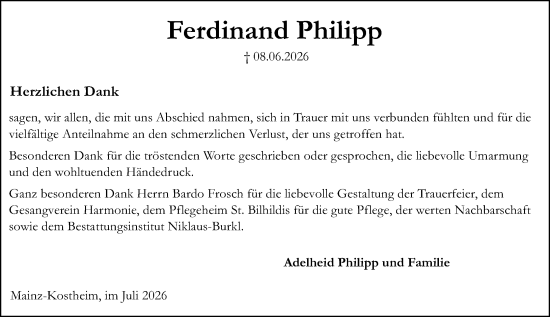 Traueranzeige von Ferdinand Philipp von Allgemeine Zeitung Mainz