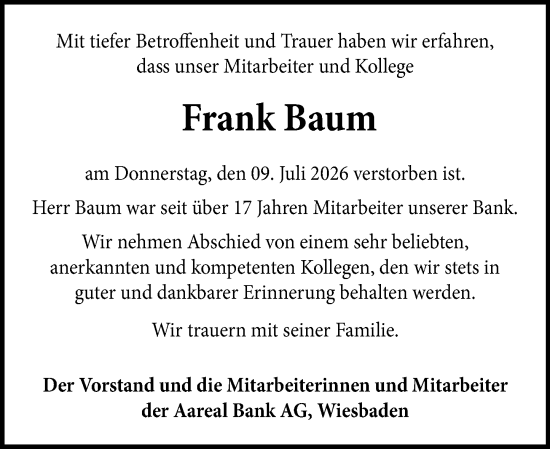 Traueranzeige von Frank Baum von Wiesbadener Kurier