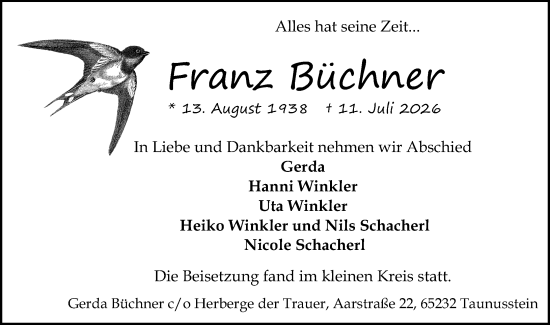 Traueranzeige von Franz Büchner von Wiesbadener Kurier