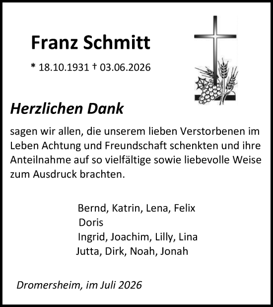 Traueranzeige von Franz Schmitt von Binger-/Ingelheimer Wochenblatt