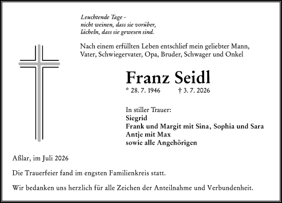 Traueranzeige von Franz Seidl von Wetzlarer Neue Zeitung