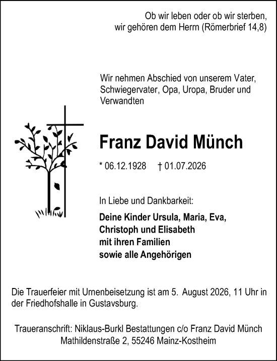 Traueranzeige von Franz David Münch von Allgemeine Zeitung Mainz
