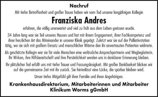Traueranzeige von Franziska Andres von Wormser Zeitung