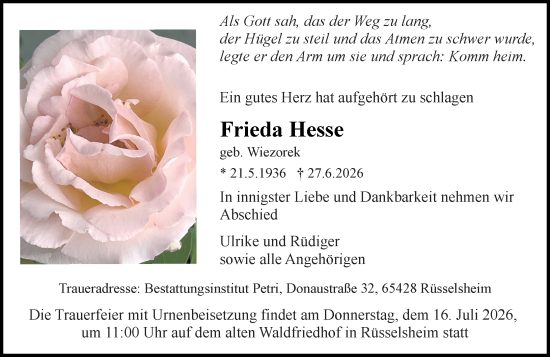 Traueranzeige von Frieda Hesse von Rüsselsheimer Echo