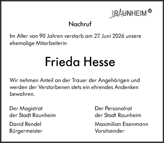Traueranzeige von Frieda Hesse von Rüsselsheimer Echo