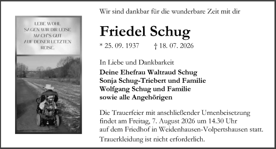 Traueranzeige von Friedel Schug von Wetzlarer Neue Zeitung