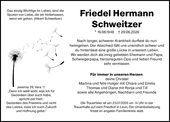Traueranzeige von Friedel Hermann Schweitzer von Wetzlarer Neue Zeitung