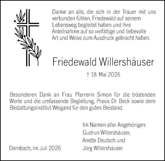 Traueranzeige von Friedewald Willershäuser von Hinterländer Anzeiger