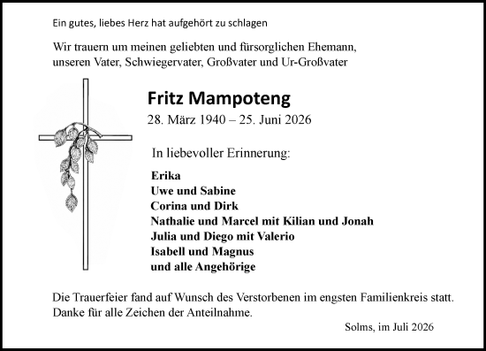Traueranzeige von Fritz Mampoteng von Wetzlarer Neue Zeitung