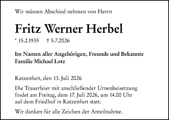 Traueranzeige von Fritz Werner Herbel von Wetzlarer Neue Zeitung