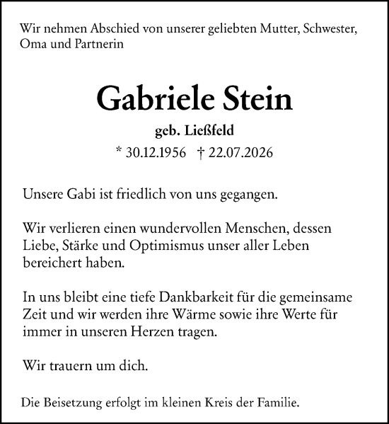 Traueranzeige von Gabriele Stein von Wetzlarer Neue Zeitung