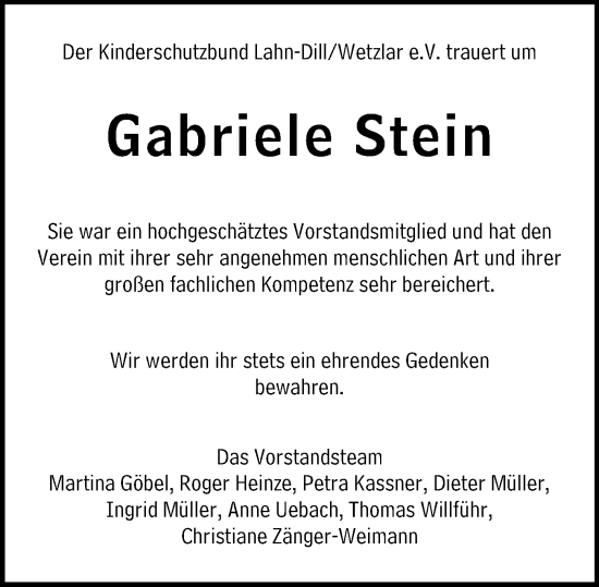 Traueranzeige von Gabriele Stein von Wetzlarer Neue Zeitung