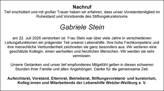 Traueranzeige von Gabriele Stein von Weilburger Tageblatt