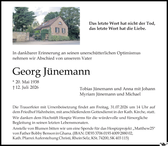Traueranzeige von Georg Jünemann von Wormser Zeitung