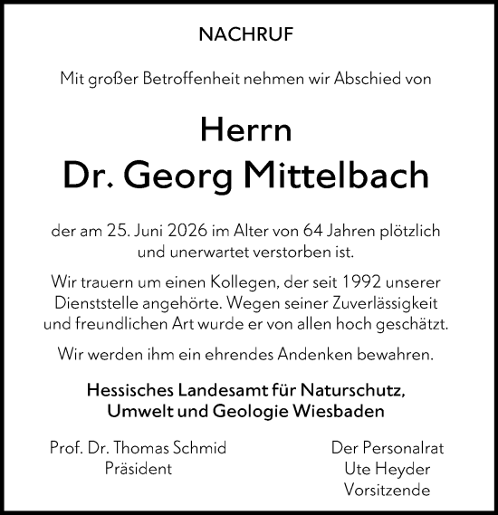 Traueranzeige von Georg Mittelbach von Wiesbadener Kurier