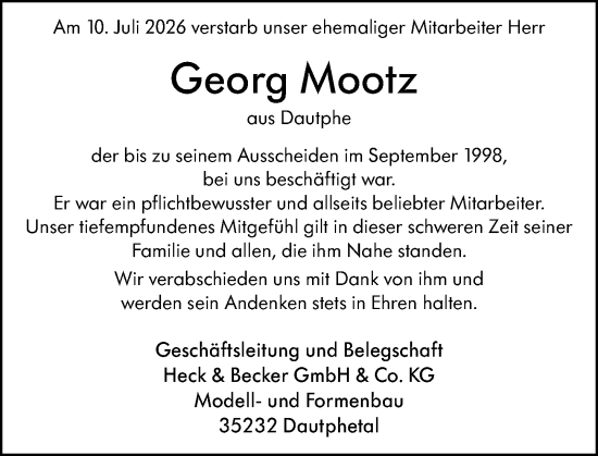 Traueranzeige von Georg Mootz von Hinterländer Anzeiger