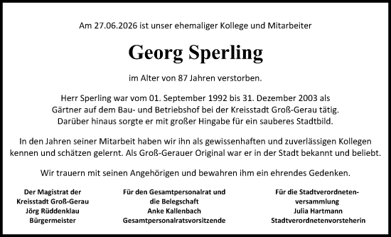 Traueranzeige von Georg Sperling von Groß-Gerauer Echo