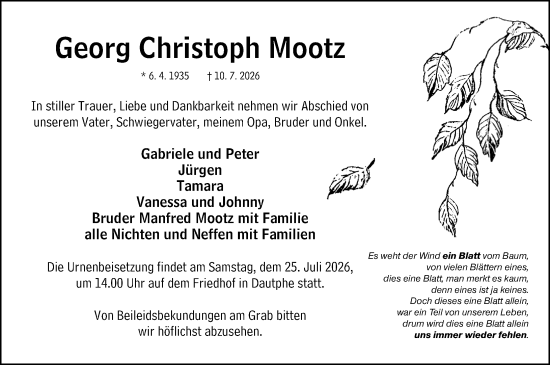 Traueranzeige von Georg Christoph Mootz von Hinterländer Anzeiger