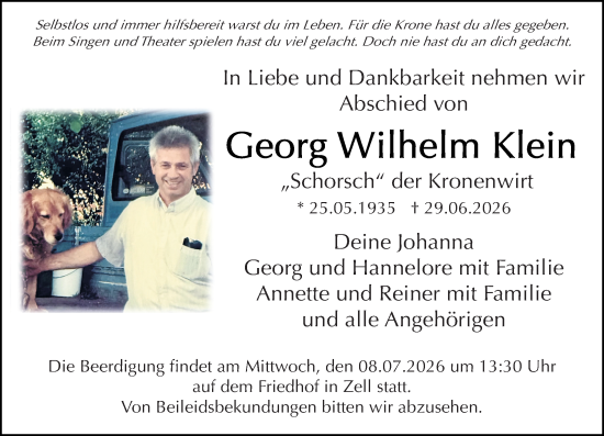 Traueranzeige von Georg Wilhelm Klein von Odenwälder Echo