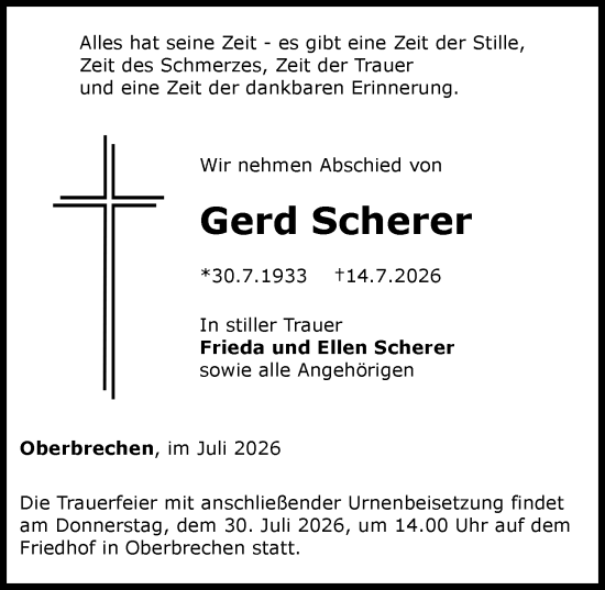 Traueranzeige von Gerd Scherer von Camberger Anzeiger