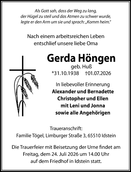 Traueranzeige von Gerda Höngen von Idsteiner Land/Untertaunus