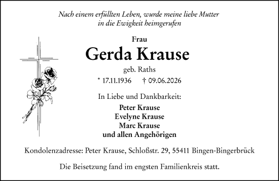 Traueranzeige von Gerda Krause von Binger-/Ingelheimer Wochenblatt