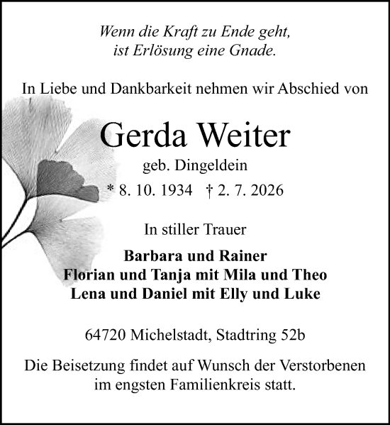 Traueranzeige von Gerda Weiter von Odenwälder Echo