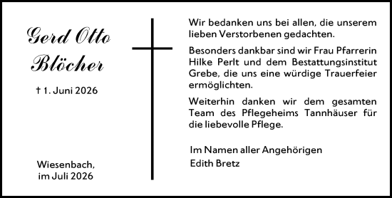 Traueranzeige von Gerd Otto Blöcker von Hinterländer Anzeiger