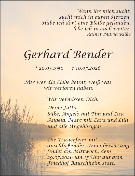 Traueranzeige von Gerhard Bender von Rüsselsheimer Echo
