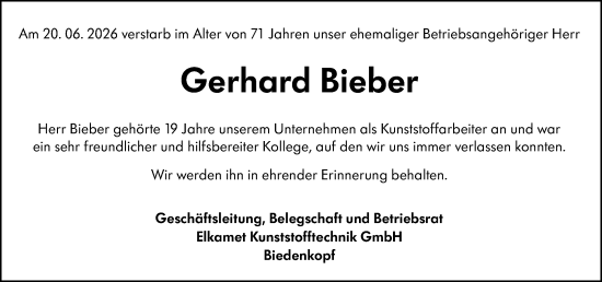 Traueranzeige von Gerhard Bieber von Hinterländer Anzeiger