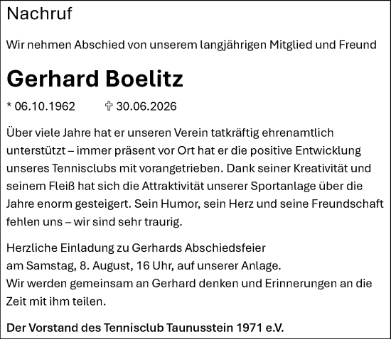 Traueranzeige von Gerhard Boelitz von Rheingau-Taunus-Kreis Wochenblatt