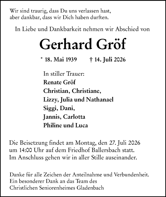 Traueranzeige von Gerhard Gröf von Dill Block