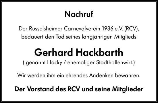 Traueranzeige von Gerhard Hackbarth von Rüsselsheimer Echo