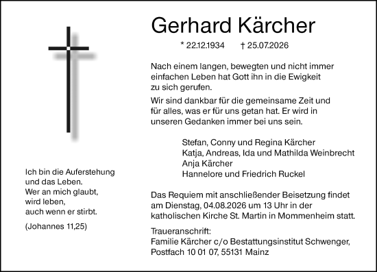 Traueranzeige von Gerhard Kärcher von Allgemeine Zeitung Mainz