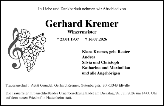 Traueranzeige von Gerhard Kremer von Wiesbadener Kurier