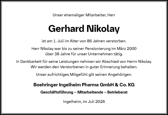 Traueranzeige von Gerhard Nikolay von Allgemeine Zeitung Rheinhessen-Nahe